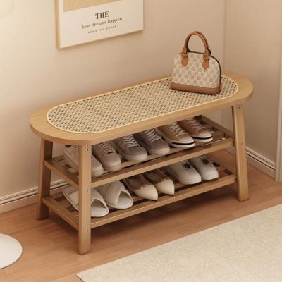 實木換鞋凳家用門口簡約入戶鞋櫃衣帽架一體藤編凳子多功能鞋架