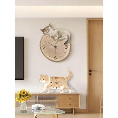 貓咪鐘表掛鐘客廳新款簡約現代餐廳創意時鐘掛畫表掛墻高級感壁畫